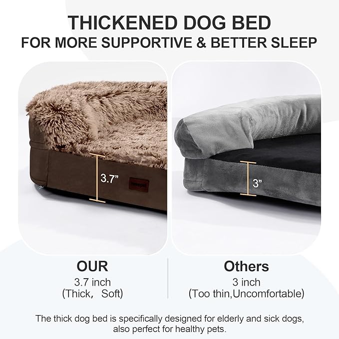 iweepet Fluffy Orthopedic Dog Beds for Large & Extra Large Dogs, 44" Dog Sofa Bed with Supportive 28D Egg-Crate Foam, Removable Washable Cover, Waterproof Lining, for Puppy,Senior,Sick,Brown - Image 3
