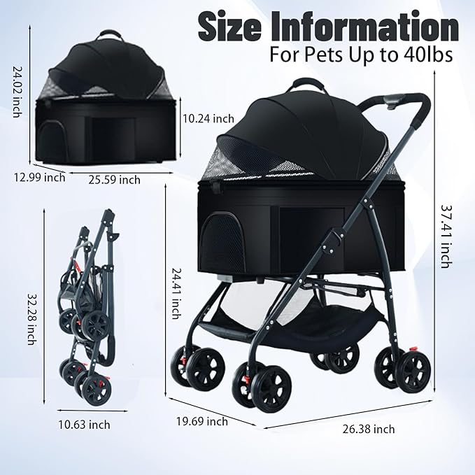 3-in-1 Pet Dog Stroller, Dog Wagon with Removable Carrier, Cat Stroller for Medium Dogs Up to 55lbs (Black)