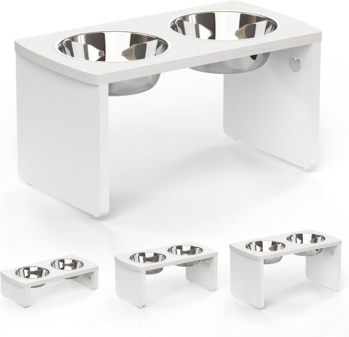 Elevated Dog Bowls, Waterproof Raised Dog Bowl for Medium & Large Dogs, HIPS Poly Lumber Stand with 2 Stainless Steel Bowls, Indoor & Outdoor Use (10'' Tall–48 oz Bowl, White) by JoyoPawFamily