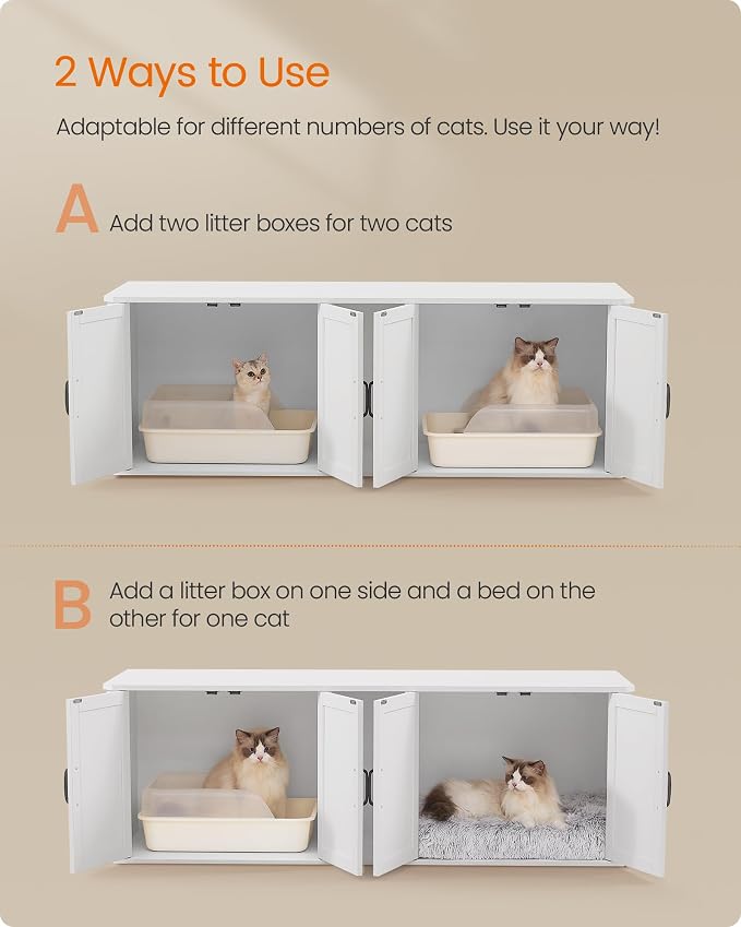 Feandrea Double Cat Litter Box Enclosure, Modern Litter Box Furniture Hidden for 2 Cats, Front Entry, Cat House, Side End Table, TV Stand, 59 x 19 x 19.5 Inches, Cloud White UPCL010W01 - Image 3