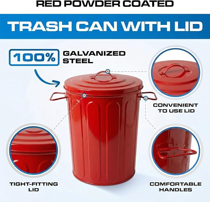 Plexon 5 Gallon Small Metal Trash Can with Lid Outdoor Galvanized Steel Bucket with Lid 5 Gal Storage Can for Dog Food Bird Seed Storage Container, Red 6 Pack - Image 9