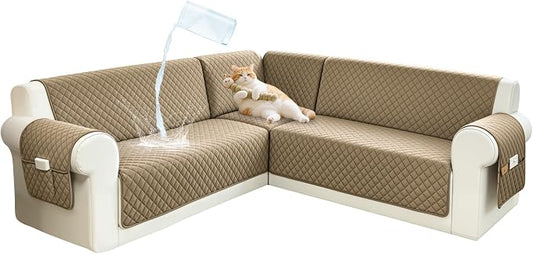 Sectional Couch Covers for Dogs 100% Waterproof Corner L Shaped Sofa Cover Pet Friendly Velvet Washable Anti Slip L Shape Modular Sofa Slipcover Protector with Pockets (Camel, Small) by SYJOVIA