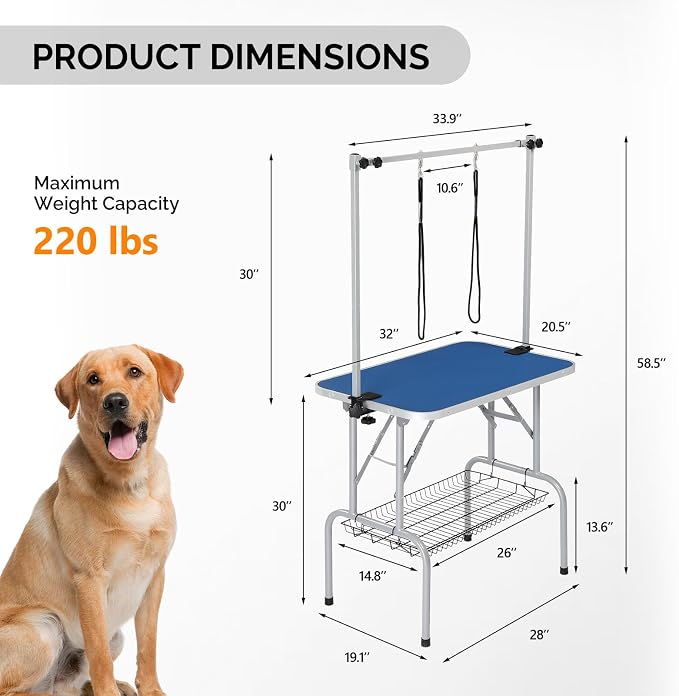 VINGLI Dog Grooming Table, Adjustable Cat Grooming Desktop with Arms and Storage Basket, Pet Grooming Stand at Home (Blue, 32 inch) - Image 5
