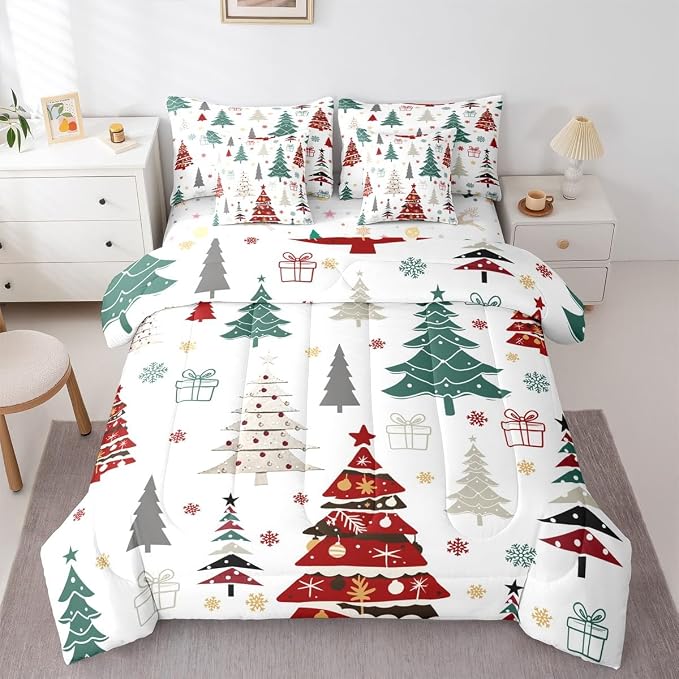 Erosebridal Christmas Bed in A Bag 7 Pcs Colorful Christmas Tree Comforter Set for Women Men Xmas Tree Snowflake Bedding Sets King Winter Xmas Ornaments Gift Sheet Set with Comforter by Erosebridal