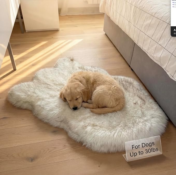 Faux Fur Orthopedic Dog Bed, Memory Foam, White w/Brown Tips 30"x20" | Plush Washable Dog Rug with Waterproof Machine Washable Cover, Calming for Anxious Senior Dogs, Relieves Joints - Image 3