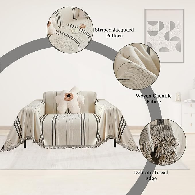 DREAMINGO Couch Cover for Armchair Reversible Chenille Chair Sofa Protector Washable Couch Cover Blanket for Living Room Striped Jacquard Recliner Furniture Slipcover 71"x71" - Image 4
