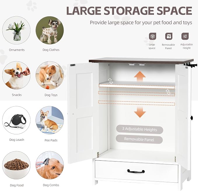 Pet Feeding Station, Dog Feeding Station, Dog Food Storage Cabinet, Pet Food Toy Organiser with 2 Elevated Bowls and Hook for Feeding and Drinking, White - Image 3