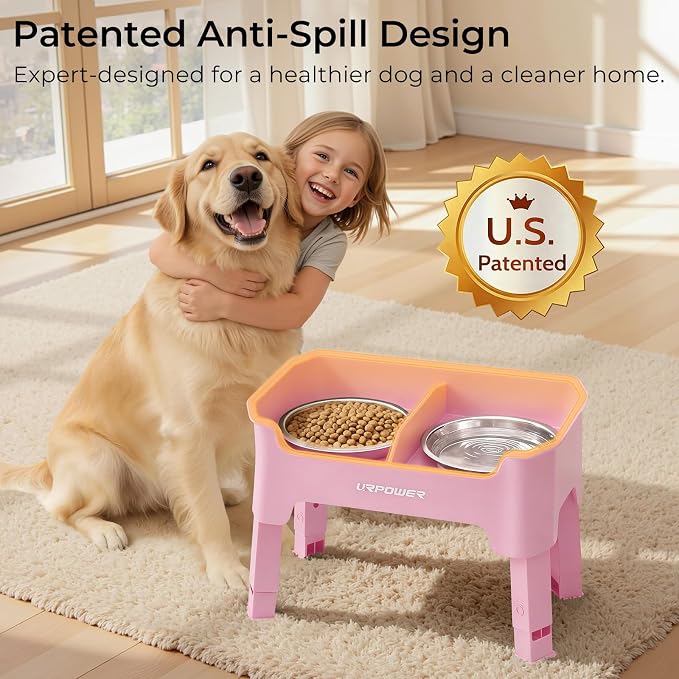 URPOWER Mess Proof Elevated Dog Bowls, Splash Guard Raised Bowl Stand | 4 Height Adjustable Raised Stand with 2 Stainless Steel Food Bowls & Licking Plate for Small, Medium & Large Dogs - Image 2