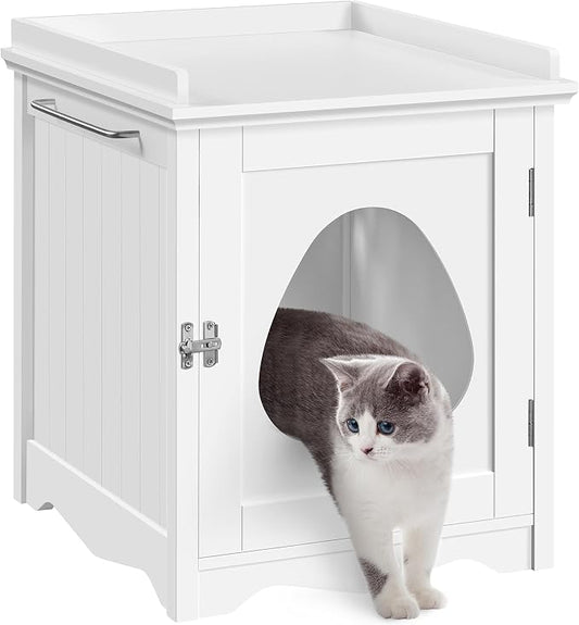 Yaheetech Cat Litter Box Enclosure, Hidden Litter Box Furniture with Side Towel Bar, Wooden Cat Washroom, Storage Cabinet, Indoor Pet House, Side Table Nightstand, White by Unknown