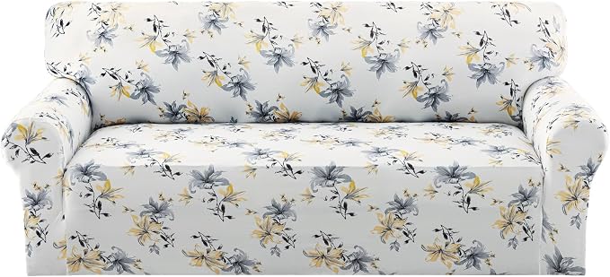 H.VERSAILTEX Printed Couch Cover for Dogs Washable High Stretch Sofa Covers for 3 Cushion Couch Super Soft Sofa Slipcovers Floral Pattern(Vintage Petal-Yellow,Sofa) by HVERSAILTEX