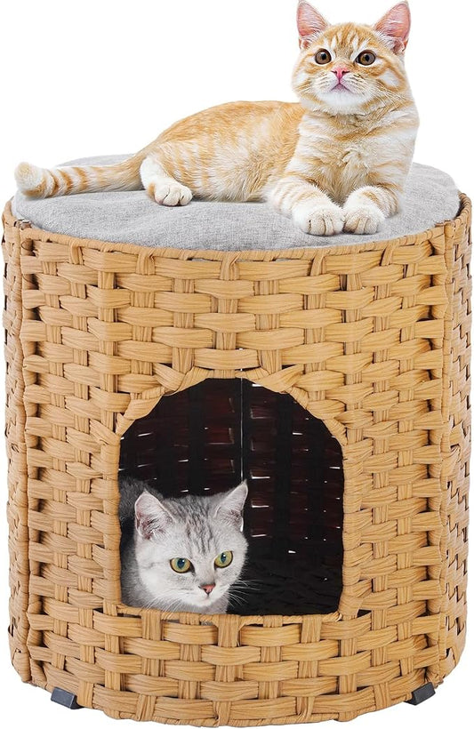 SETVSON Cat House for Indoor Cat, Large Double Cat Houses Bed, Natural | Handwoven PE Rattan Cave with One Soft Pad, 17 x 17 x 17 In Foldable Kitten Hideaway, Double-Level Play & Nap Spot by SETVSON
