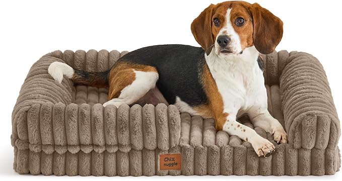 ChiXnuggle Faux Fur Orthopedic Dog Bolster Bed, Waterproof Washable Cover | rectangular dog sofa couch,egg crate foam,non-slip bottom,for large dogs,taupe,35*28*7 by SnuggleUpPawsDown