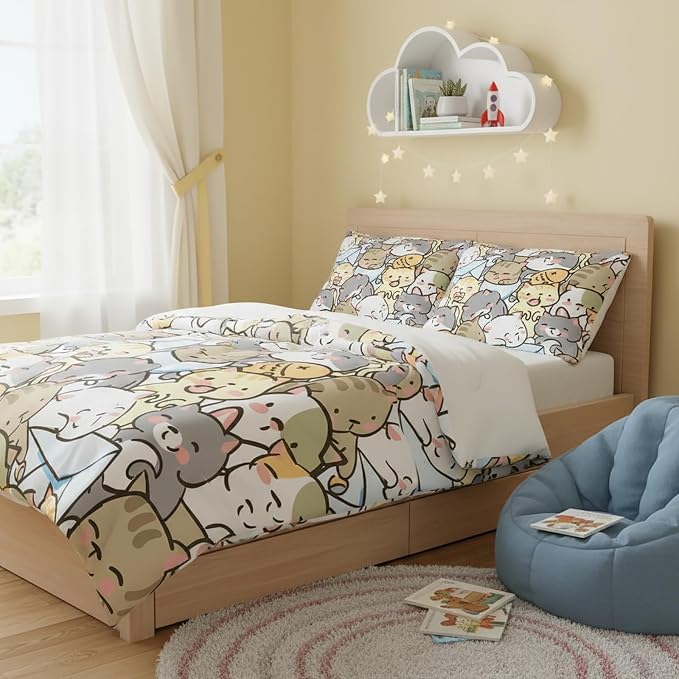 QOOMO Kawaii Cat Comforter Full Size,Cute Cat Comforter Set for Kids Teens Girls,3Pcs Bedding Set Printed Comforter with 2 Pillowcases,Down Alternative,Soft and Lightweight，Full Size - Image 3