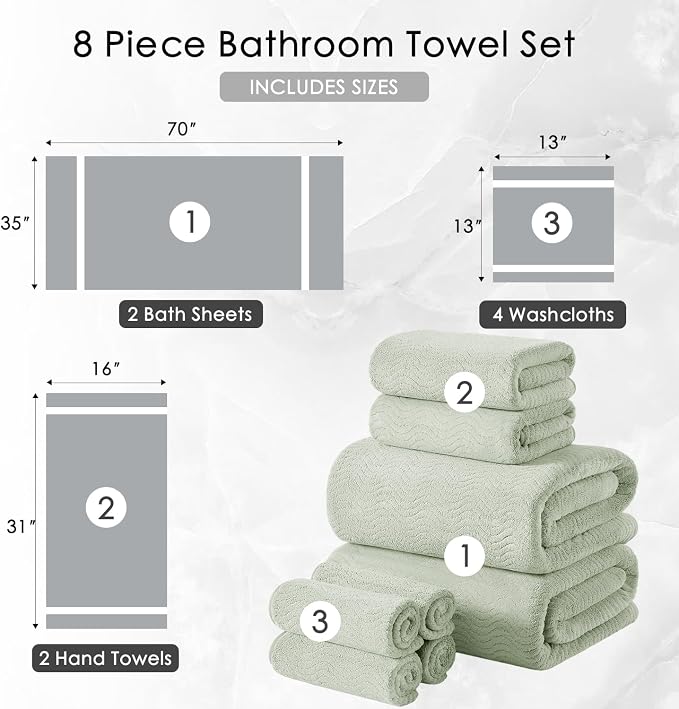 8 Piece Bath Towel Set Green|2 Oversized Large Bath Sheet,2 Hand Towels,4 Washcloths| Ultra Soft Cozy Bath Towel Set for Bathroom Hotel Gym Spa,Highly Absorbent & Quick Dry Bathroom Towel Collections - Image 5
