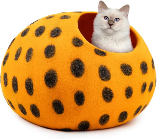 Woolygon Premium Felt Cat Cave Bed – Wool Kitty Beds Handcrafted Kitten Caves Bed for Indoor Cats - Made from Merino Wool, Foldable Cat Hideaway Covered Cat House Pod (Orange Polka) by Woolygon
