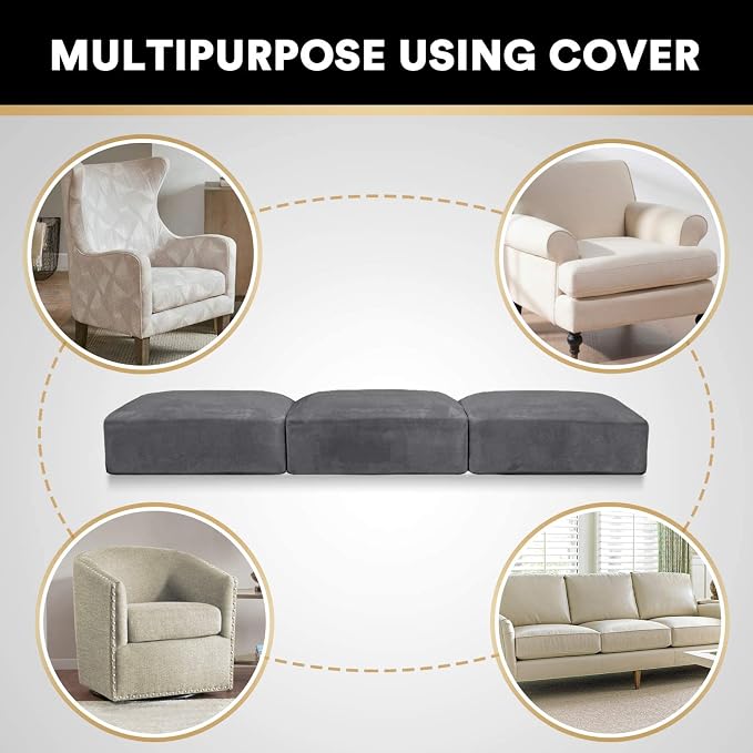 PrinceDeco Velvet Stretch Couch Cushion Cover Extra Large Cushion Slipcover for Chair Loveseat Sofa Cushion Furniture Protector Seat Cushion Sofa Cover Each Width Up to 40", Grey - Image 6