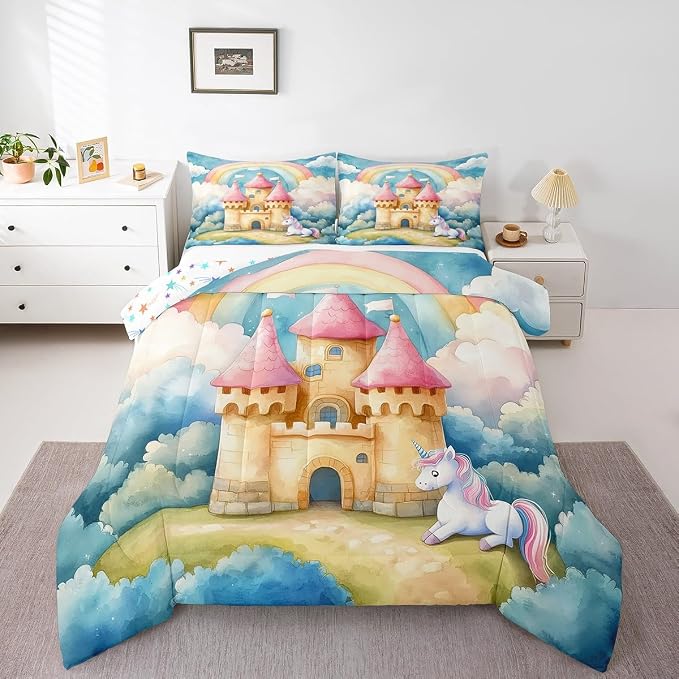 Manfei Cartoon Castle Comforter Set King Size,Lovely Unicorn Dreamy Rianbow Sky Watercolor Bedding Set for Adults Room,Fantasy Princess Style Fairy Tale Down Comforter,3 Pcs 2 Pillowcases - Image 3