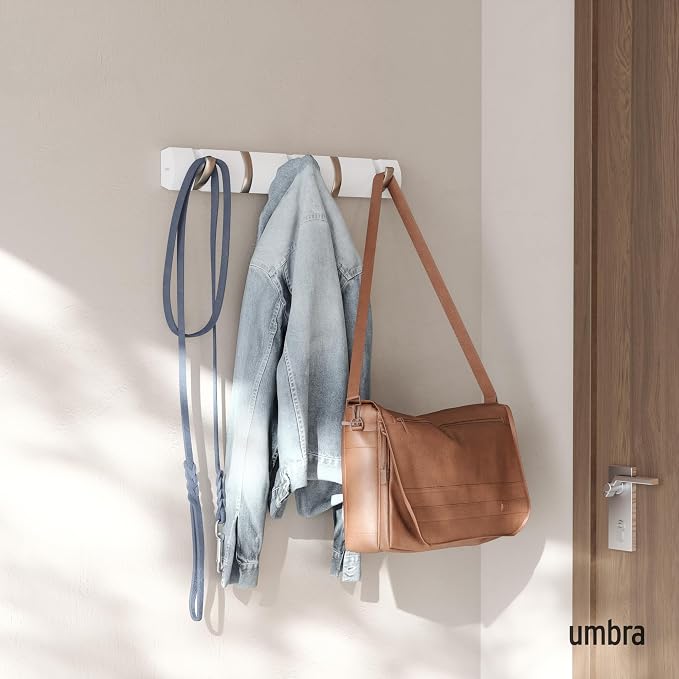 Umbra Flip Coat Rack, Wall Mounted 5-Hook Space Saving, White/Nickel | Real wood and steel build, retractable hooks fold flat, holds coats bags and scarves, easy install - Image 2