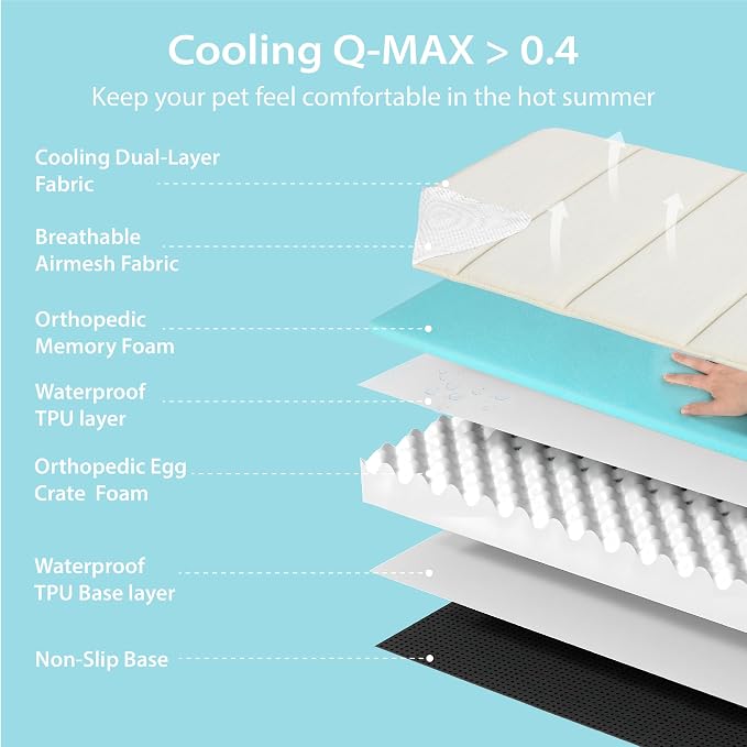 Cooling Dog Bed for X Large Dogs - Orthopedic Pet Beds with Memory Foam, QMAX>0.5, Waterproof Removable Washable Cover for Hot Weather, Dark Beige, 41" L x 27" W x 3" H - Image 5