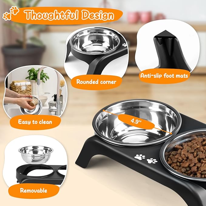 Elevated Dog Bowls for Small Dogs, 3” High Raised Dog Bowl Stand with Dual 5” Stainless Steel Bowls Non-Slip Pet Feeder for Puppy and Cats, Dishwasher Safe, Black - Image 2