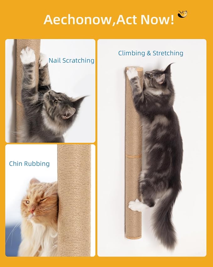 Aechonow 34" Cat Scratching Post, Wood Wall Mounted Cat Scratcher for Cats | Cat Wall Scratcher,Cat Wall Furniture for Indoor Cats,Cat Wall Wood Climber, Natural Sisal,Tall & Sturdy Corner Climbing Pole - Image 2