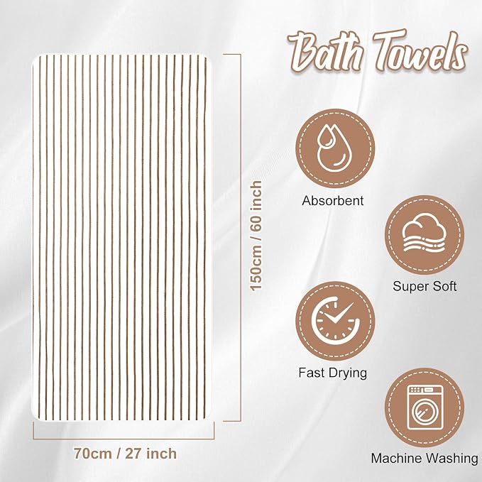SmoothNovelty 8 Pack Microfiber Bath Towels Bulk 27'' x 60'' Oversized Bath Towel Highly Absorbent Extra Large Shower Sheets Soft Drying for Beach Pool Bathroom Salon Party(Thin Stripe,Camel) - Image 2