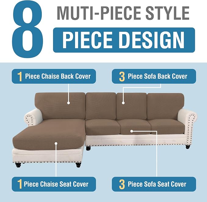 H.VERSAILTEX Sectional Couch Covers 4 Pieces Sofa Seat Cushion Covers L Shape Separate Cushion Couch Chaise Cover for Both Left/Right Sectional Couch (Seat Only: 1 Chaise + 3 Sofa, Macchiato) - Image 2
