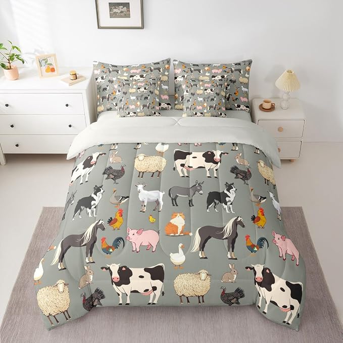 Erosebridal Farm Animals Comforter Sets with Sheets, Cartoon Animal 7 Piece Bedding Set for Kids Boys Girls Cute Farmhouse Animal Bed in A Bag Funny Horse Sheep Cow Bed Set Queen, Grey - Image 2