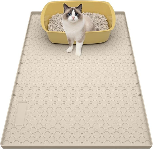 Large Cat Litter Mat 34"x22", Cat Litter Trapping Mat For Litter Box, Silicone Pet Feeding Mat With Raised Edges Waterproof, Beige by BLESWIN