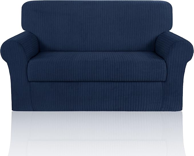 Loveseat Cover Stretching Skid Resistance Couch Cover for Pets Washable, Thick and Durable Soft High Spandex Striped Pattern Sofa Covers, Form Fitted Love Seat Slipcover(Loveseat, Navy) by ChengEase
