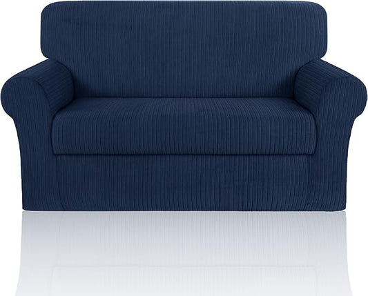 Loveseat Cover Stretching Skid Resistance Couch Cover for Pets Washable, Thick and Durable Soft High Spandex Striped Pattern Sofa Covers, Form Fitted Love Seat Slipcover(Loveseat, Navy) by ChengEase