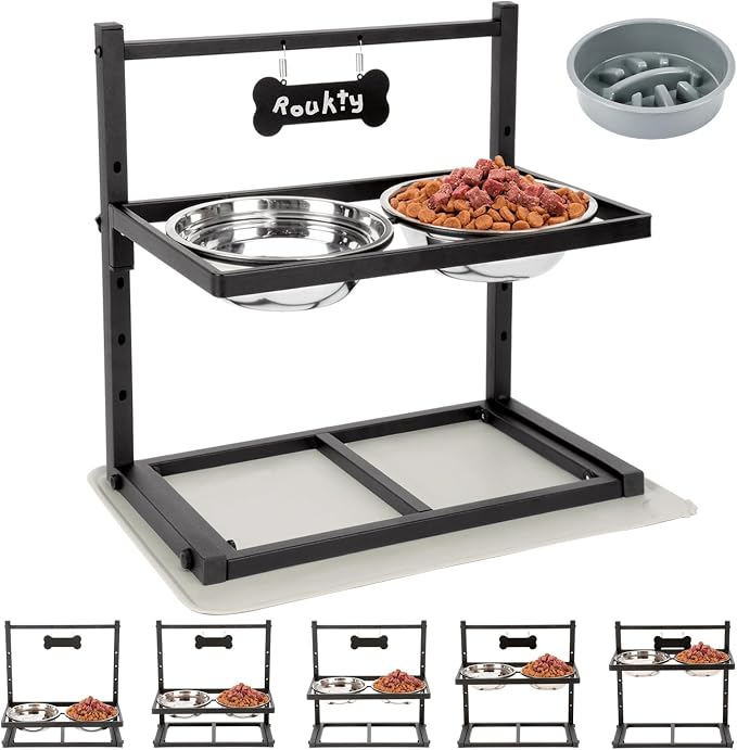ADENGL Elevated Dog Bowls with Slow Feeder, 5 Adjustable Heights, Anti-Slip, Durable Metal Frame, Spill Proof Mat, Rust-Resistant Bowls, Easy to Clean by ADENGL