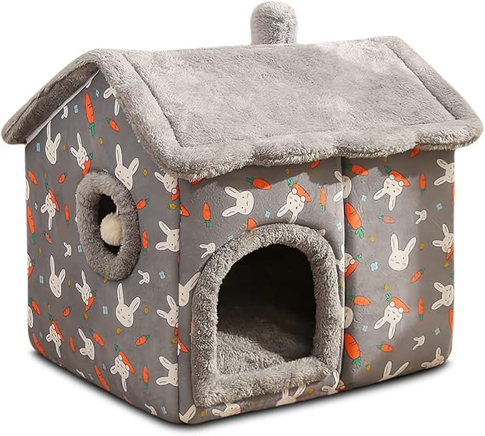 Cat Cave Bed, Portable Cat Bed with Removable Cushion, Small Dog Cave Bed Pet Warm House, Washable Dog Bed, Cat Puppy Igloo Bed(L, Gray Rabbit) by BOSERMEN