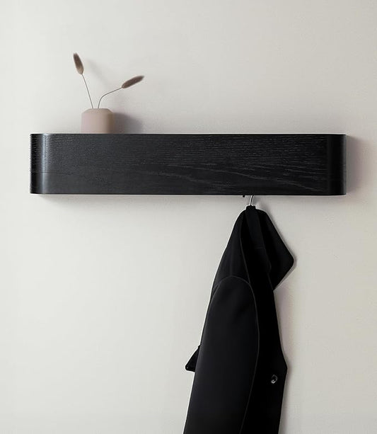 Kazai. Wall-Mounted Coat Rack 'Toke' - Modern Design Coat Rack with Hidden Wall Hooks - Solid Wood Veneer Panel Coat Hanger - Oak, Black by KAZAI