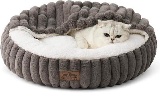 COZY KISS Hooded Blanket Cat Bed – 20"x20" Round Fluffy Donut Cuddler for Cats & Toy Dogs, Anti-Anxiety Faux Fur Pet Bed, Machine Washable with Non-Slip Bottom, Grey by COZYKISS