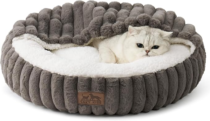 COZY KISS Hooded Blanket Cat Bed – 20"x20" Round Fluffy Donut Cuddler for Cats & Toy Dogs, Anti-Anxiety Faux Fur Pet Bed, Machine Washable with Non-Slip Bottom, Grey by COZYKISS
