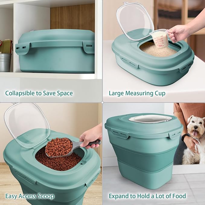 Komzon Rice Storage Bin Cereal Containers, 13-50lb Collapsible Rice Container Dispenser with Transparent Lid, Rolling Wheels, Measuring Cup and Scoop, Airtight Dog Cat Pet Food Storage Container Green - Image 2