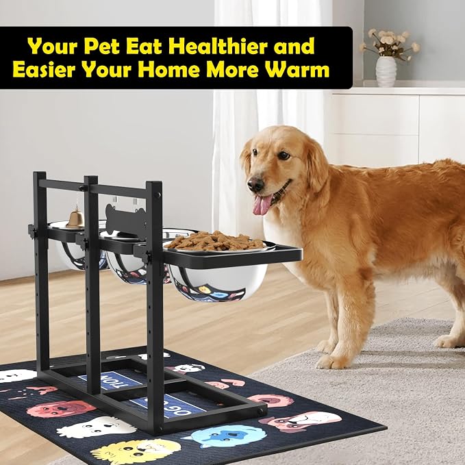 Elevated Dog Bowl Stand for Medium/Large Dogs with Slow Feeder & Mat, Adjustable Height 3.9'',5.5'',7.1'',8.7'',10.2'',11.8'', 58oz Raised Triple Dog Food Water Bowls - Image 7