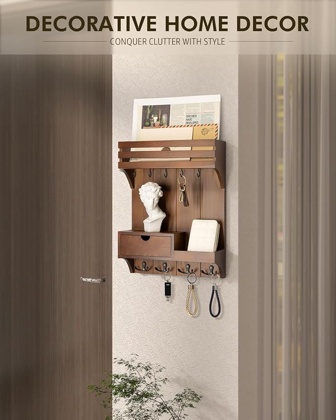 Rebee Vision Key Holder Wall Mount with Drawer Organizer for Entryway,Brown | Key Holder for Wall , 9 Sturdy Key Hooks, Floating Shelf, Plant Display, Drawer Organizer, Mail Sorter, Home Decor Storage - Image 3