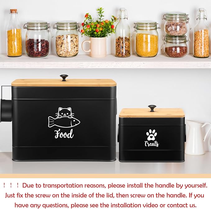 Reallnaive 2 Pcs Large Metal Cat Food Storage Containers 12+3.5 Lbs Decorative Pet Treat Snack Jars Airtight Bamboo Lids & Dry Food Scoop for Farmhouse Kitchen Counter Decor, Pet Owner Gifts(Black) - Image 5