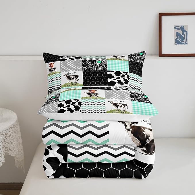 Erosebridal Cute Cow Print Comforter Set Full Size Kawaii Highland Cow Bedding Set Bedroom Decor Honeycomb Plaid Pattern Geometric Stripes Down Comforter Farm Animals Duvet Set, Green Black Grey - Image 6
