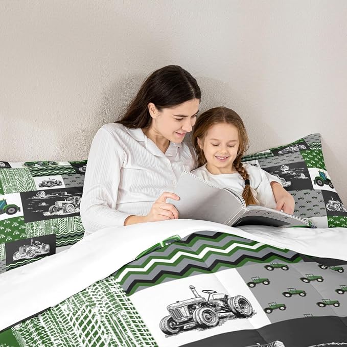 Equipment Trucks Comforter Set Queen, Tractor Down Comforter, Green Vehicle Duvet Set for Child Kids Child Boys Teens Construction Excavator Construction Site Car Quilt Set for Bedroom Decor Gift - Image 4