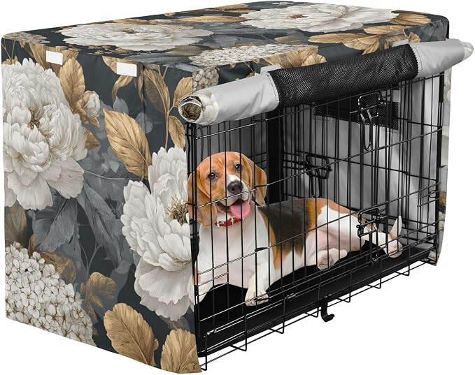 Dog Crate Cover Kennel Cover for Dog Cages Breathable for Wire Cage Indoor Outdoor White Peony Flower Golden Leaves Hydrangeas Black - Image 2