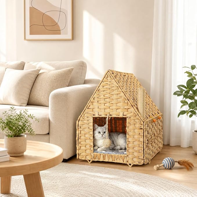 Handwoven Rattan Cat Bed for Indoor Kitten, Cat Cave Bed with Sisal Ball, Cushion & Cat Scratch Post, Foldable Hideaway Cat Hut in Bedroom Living Room, Natural - Image 4