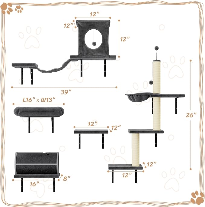 7-in-1 Cat Wall Shelves, Wall Mounted Climber Set | Cat Furniture with House, Tunnel, Bridge, Steps, Scratcher, Hammock, Shelves for Indoor, Drak Grey - Image 4