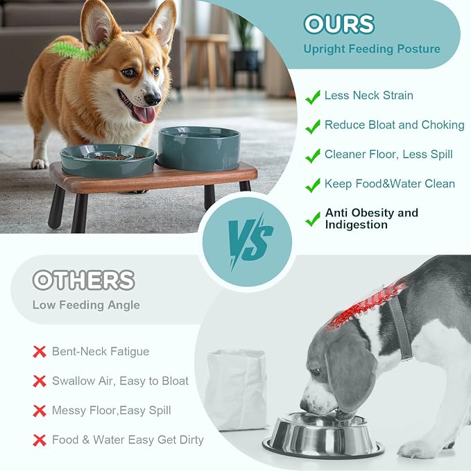 SPUNKYJUNKY Ceramic Elevated Dog Bowls with Slow Feeder Raised with Acacia Bamboo Wooden Stand, 6.1'' Dog and Cat Food Water Bowls Set Non-Slip for Small Medium Sized Breed - Dark Green - Image 3
