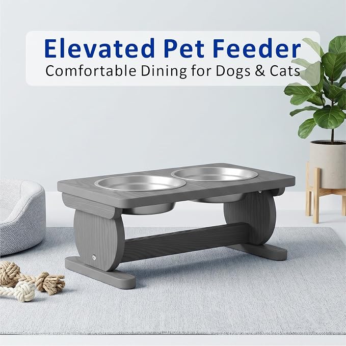 Raised Dog Bowl Stand for Small Sized Breed, Feeding Station with 21 oz 2 Stainless Steel Bowls & Licking Plate,Dog Food Bowl Gray - Image 7