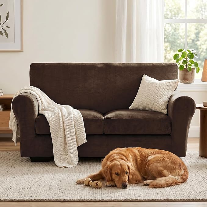 XINEAGE 3-Piece Velvet Loveseat Sofa Cover,Couch Covers for Dog,Dark Coffee | 2 Cushion Loveseat,Stretch Non-slip Elastic, Pet-friendly, Washable, Fast Setup, Soft Plush Fabric, Furniture Protector. - Image 4
