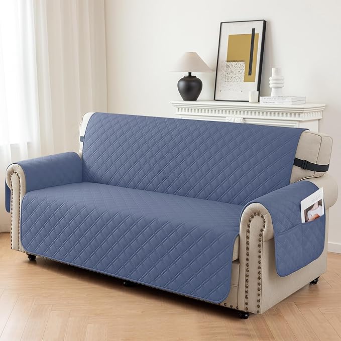 Waterproof Chair Covers for Living Room, Sofa Covers for Pets Washable with Side Pockets, Non Slip Couch Covers for Dogs, Quilted Dog Couch Cover with Elastic Straps (Armchair, Greyish Blue) - Image 2