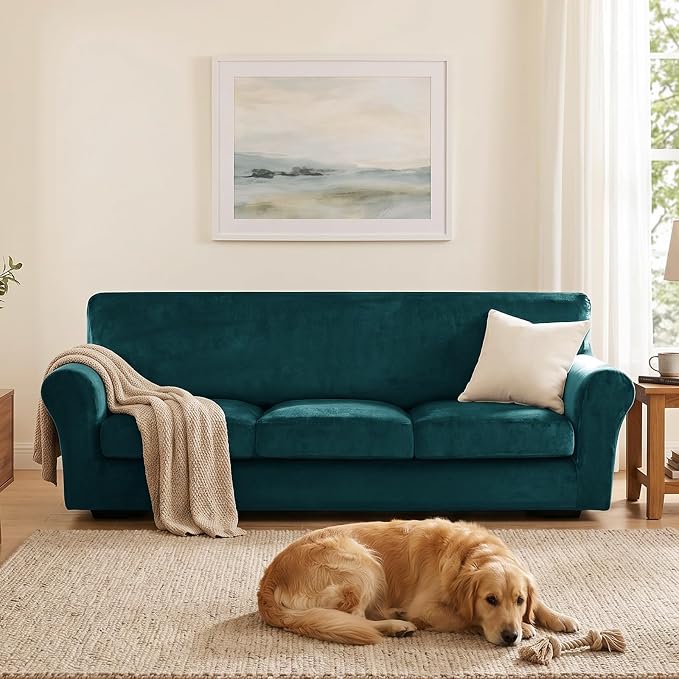XINEAGE 4-Piece Velvet Oversize Sofa Cover, Couch Covers for Dog,Dark Green | 3 Cushion Large Sofa,Stretch Non-slip Elastic, Pet-friendly, Washable, Fast Setup, Soft Plush Fabric, Furniture Protector. - Image 4